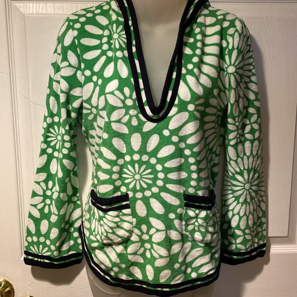 Tory Burch Terry Cloth Hoodie Wanda Tunic Green Lace Pattern Navy S 100% cotton